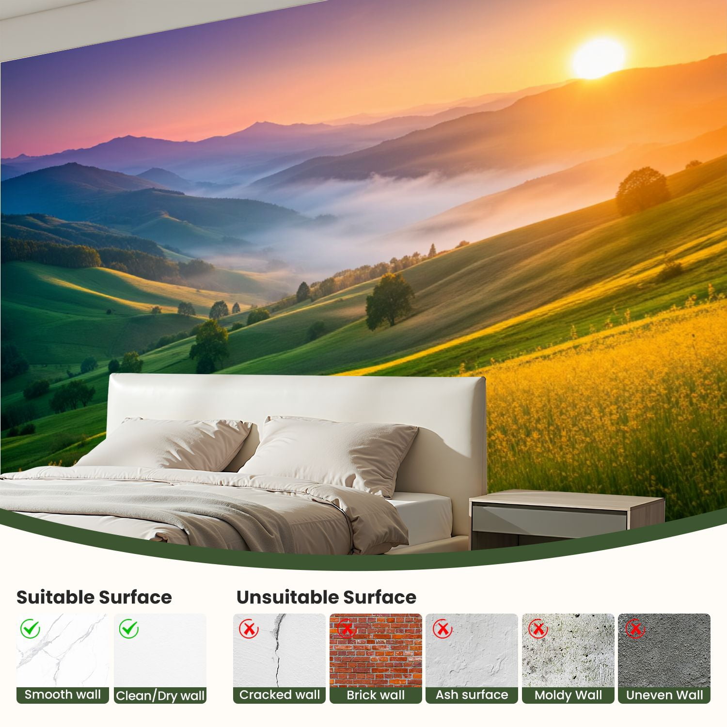 69"x98" Wall Mural Peel and Stick Wallpaper Serene Mountain Valley Sunrise Misty Hills Vibrant Wall Decor Self Adhesive Removable Wall Stickers for Bedroom Living Room