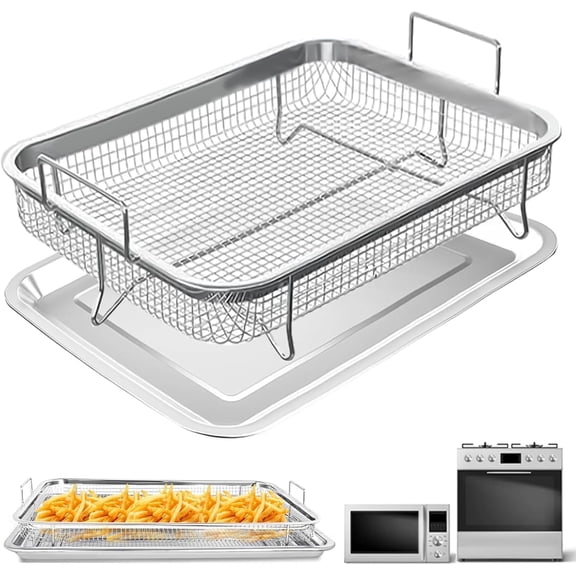 GCQ 2-Piece Stainless Steel Air Fryer Set, 12.2 x 8.74 Inch Mesh Basket & 12.8 x 9.6 Inch Baking Tray, Universal Replacement Accessories for Convection Oven, Dishwasher Safe