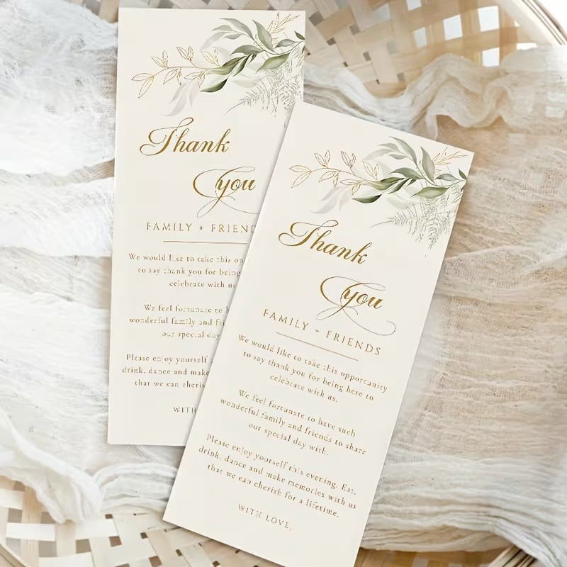 50 simple wedding thank you cards, green plant table cards, wedding table decorations, napkin thank you cards