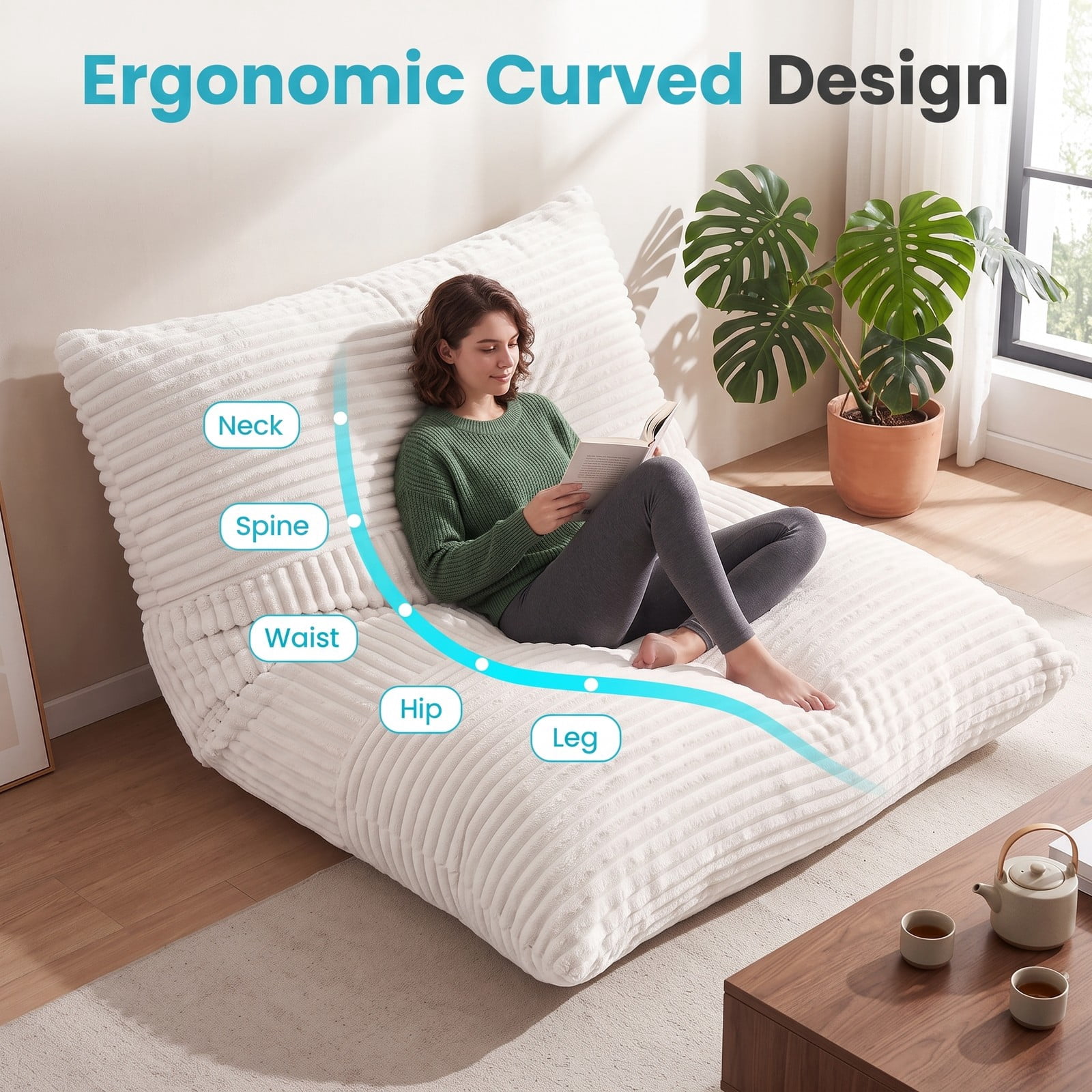 Furnibear 3-in-1 Large Bean Bag Chair, Convertible Corduroy Lounger Sofa Bed with Soft Sponge Fill and Zip-Off Washable Cover for Living Room Bedroom Dorm, Beige
