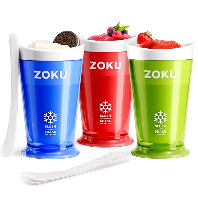ZOKU Original Slush and Shake Maker, paquete de 3 tazas para granizados caseros de rápida congelación, batidos de frutas y batidos en minutos, azul/rojo/verde, juego de 3 unidades
