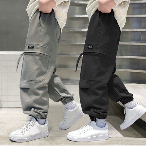 Crunowin Big Boys And Girls Cotton Cargo Pants, Multi Pockets Solid Color Elastic Waist Utility Everyday Pants Size 13