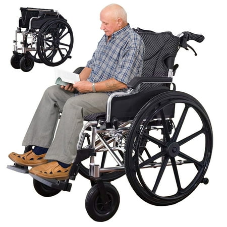 Aluminum Wheelchair, Large Portable Transport Wheelchair with Handbrakes, Foldable Manual Wheelchair for Adults, 24" Rear Wheels
