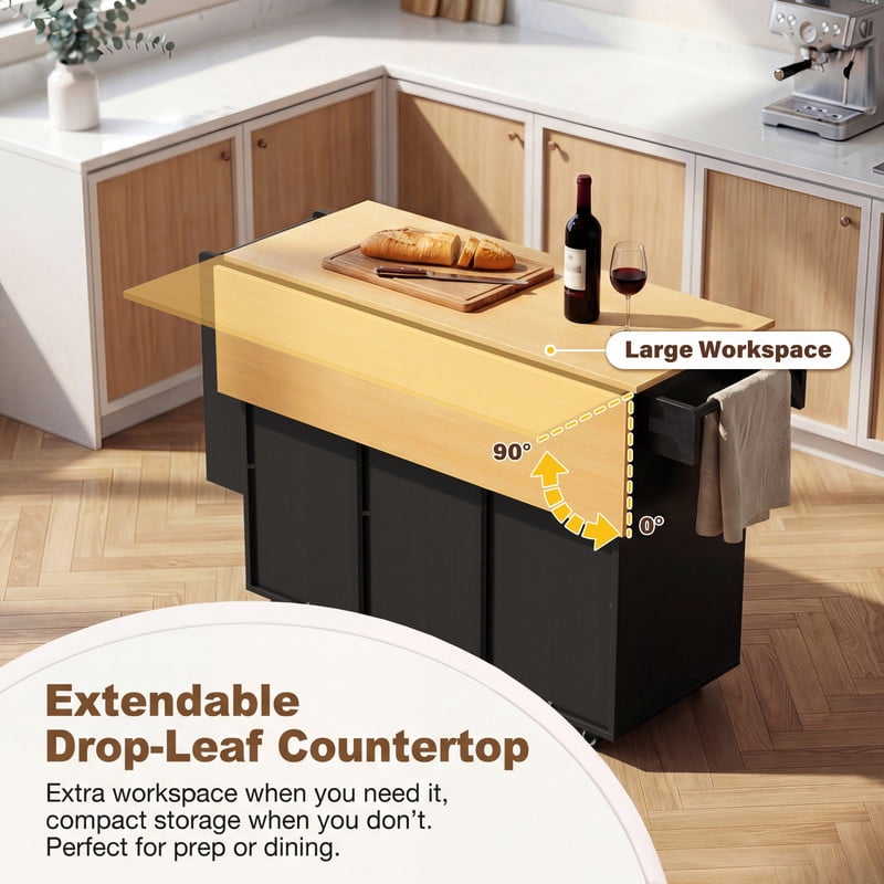 Vineego Rolling Kitchen Island with Storage, Mobile Kitchen Cart on Wheels with Drop Leaf Countertop, Drawers, Barn Doors & Side Shelves, Black with Natural Wood Top
