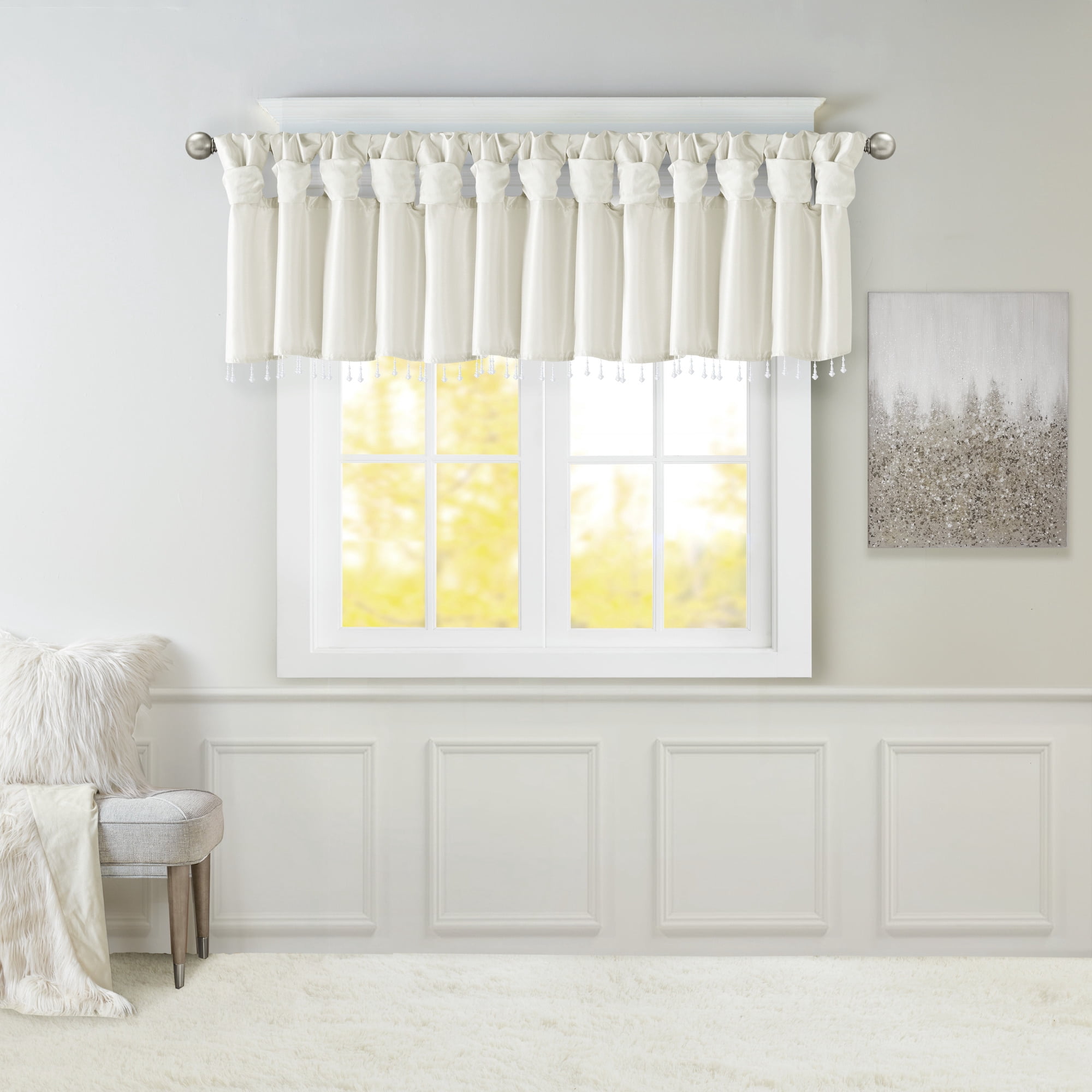 MAYEERTY 50x26" Lightweight Faux Silk Valance With Beads White