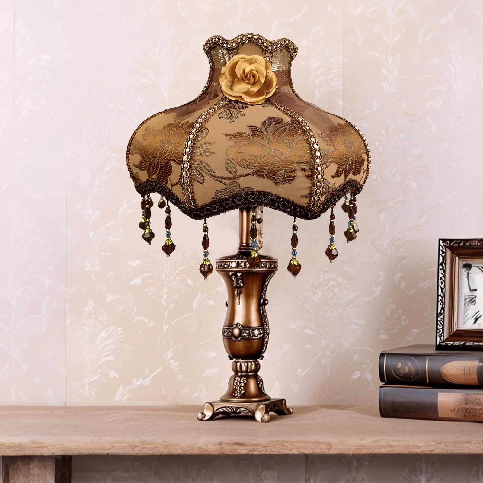 Fringe Lamp Shade, Vintage Lamp Shades Cloth Covers with Beaded Fringe, Warm Brown Fabric, Decorative Lampshade for E27 Table Lamps