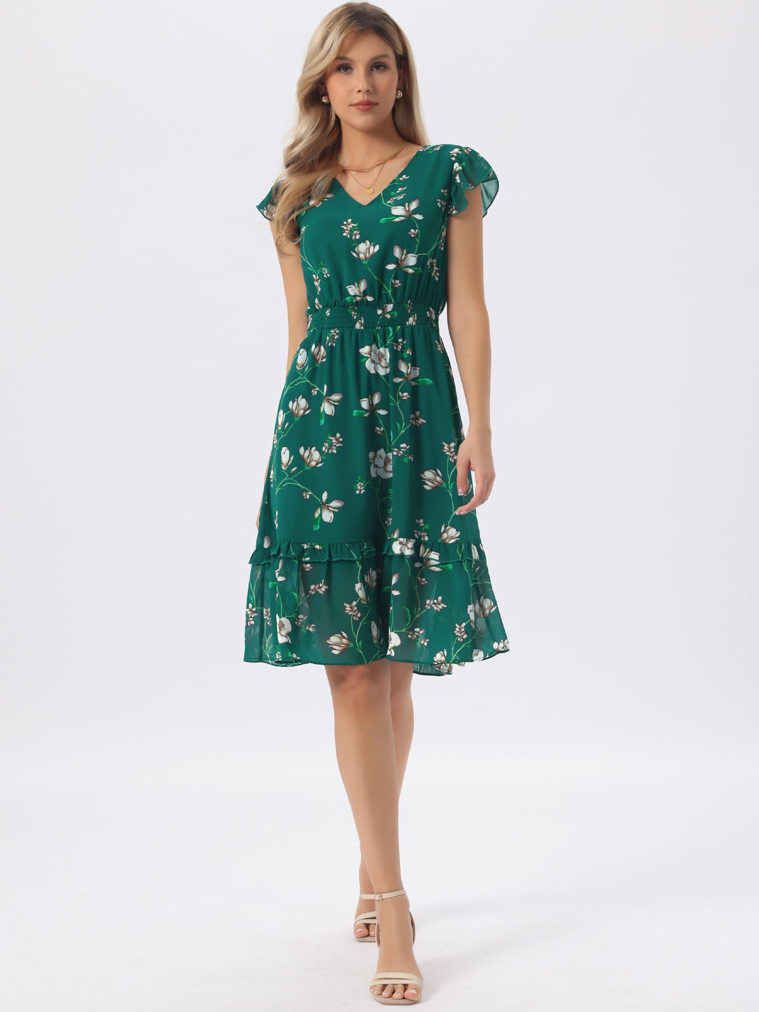 DARING DIVA Women's Floral Summer V Neck Flutter Sleeve Ruffle Dress XS Dark Green