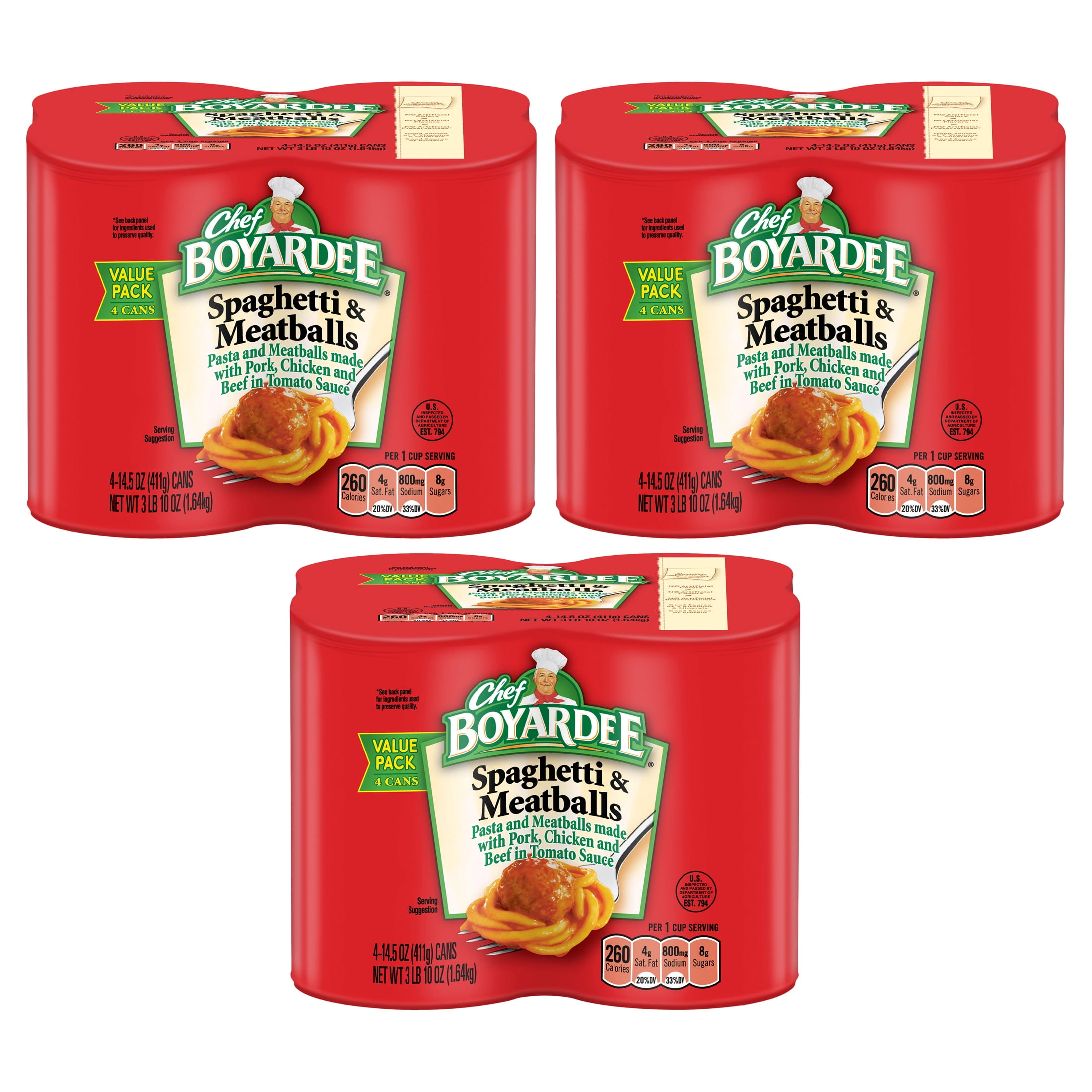 (3 pack) Chef Boyardee Spaghetti and Meatballs, Microwave Pasta, 4 Pack, 14.5 Oz