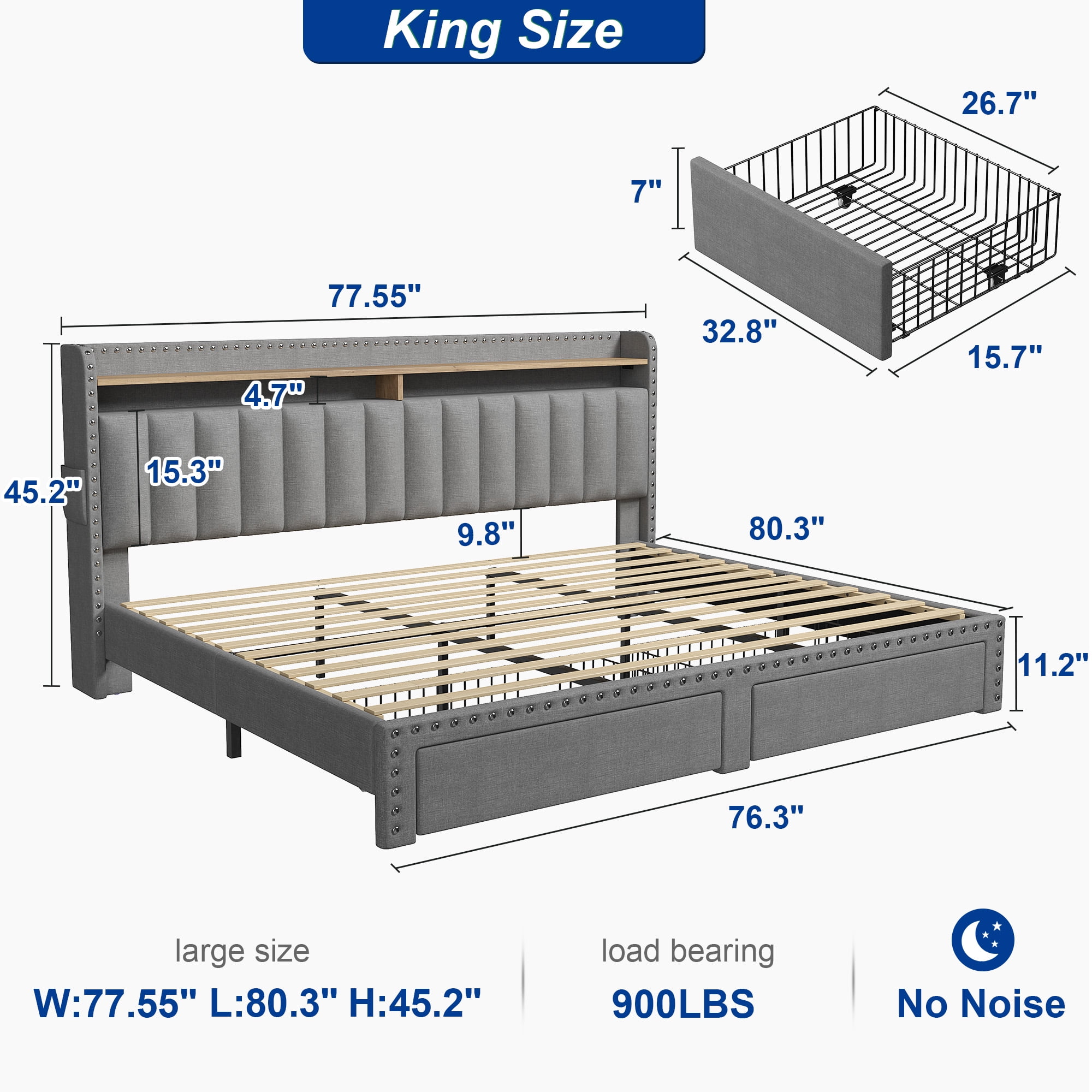 EnHomee Upholstered King Size Bed Frame with Headboard and Storage, Sturdy King Bed Frame with 2 Drawers, NO Noise,No Box Spring Needed,Grey