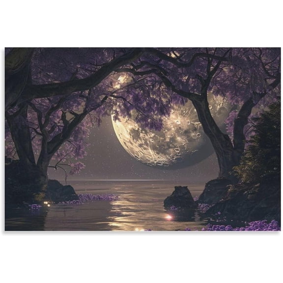 Canvas Huge Moon on Sea Decor Canvas Painting Dreamy Sight Solar System Space Art Panel Wall Picture Poster Wall Decor Sofa Background Painting 12x16 inch Unframed