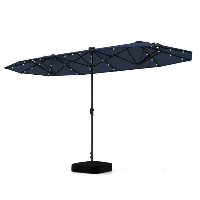Costway 13FT Double-sided Patio Umbrella with Solar Lights Crank Handle Umbrella Base Navy