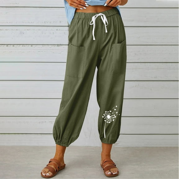 WXLWZYWL Womens Capri Pants Cotton Linen Cropped Trousers Summer Fall Wide Leg Drawstring High Waist Palazzo Pants with Pockets