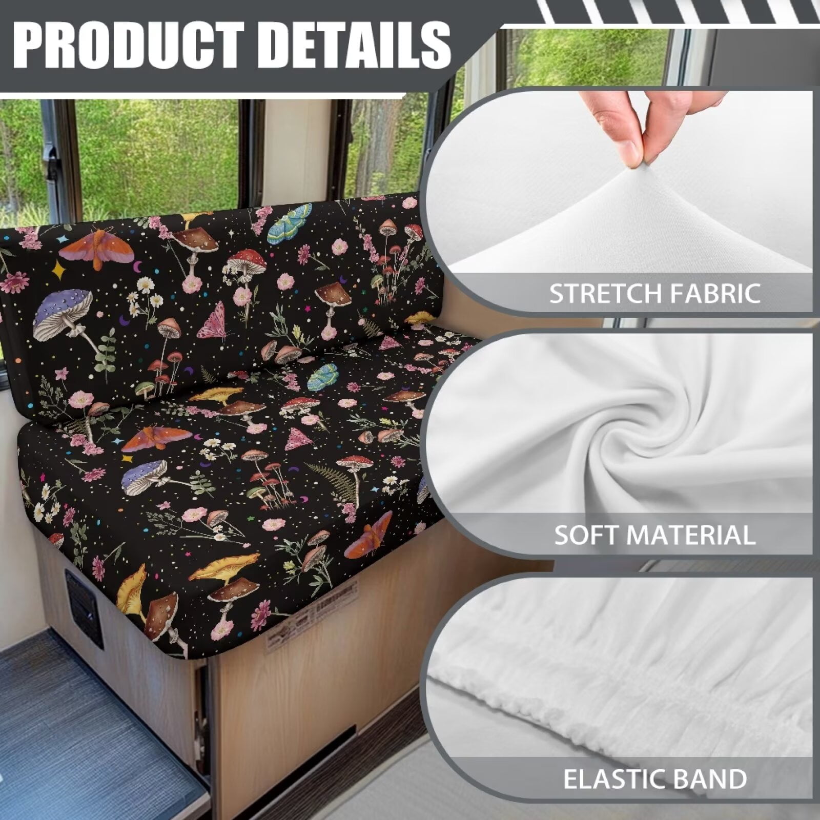 XYZCANDO Boho Style Mushroom Flower RV Dinette Cushion Covers Universal RV Accessories Outdoor Travel Use Comfortable Bench Cushion Stretchable Couch Cover 2 Cushion Sofa Washable Sofa Cover Gifts