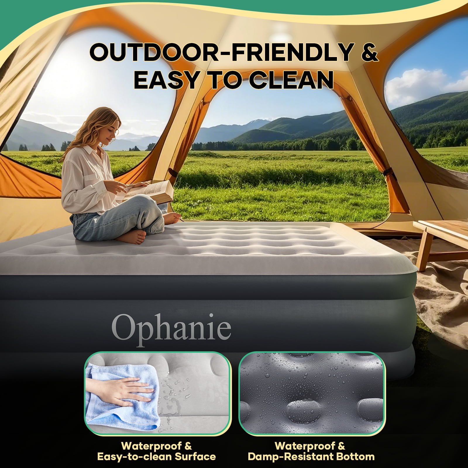 Ophanie Queen Air Mattress, 18-Inch Elevated Inflatable Bed with Built-in Pump, Puncture-Resistant Mattresses, Quick Inflation/Deflation, Portable for camping & Guests, Dark Gray