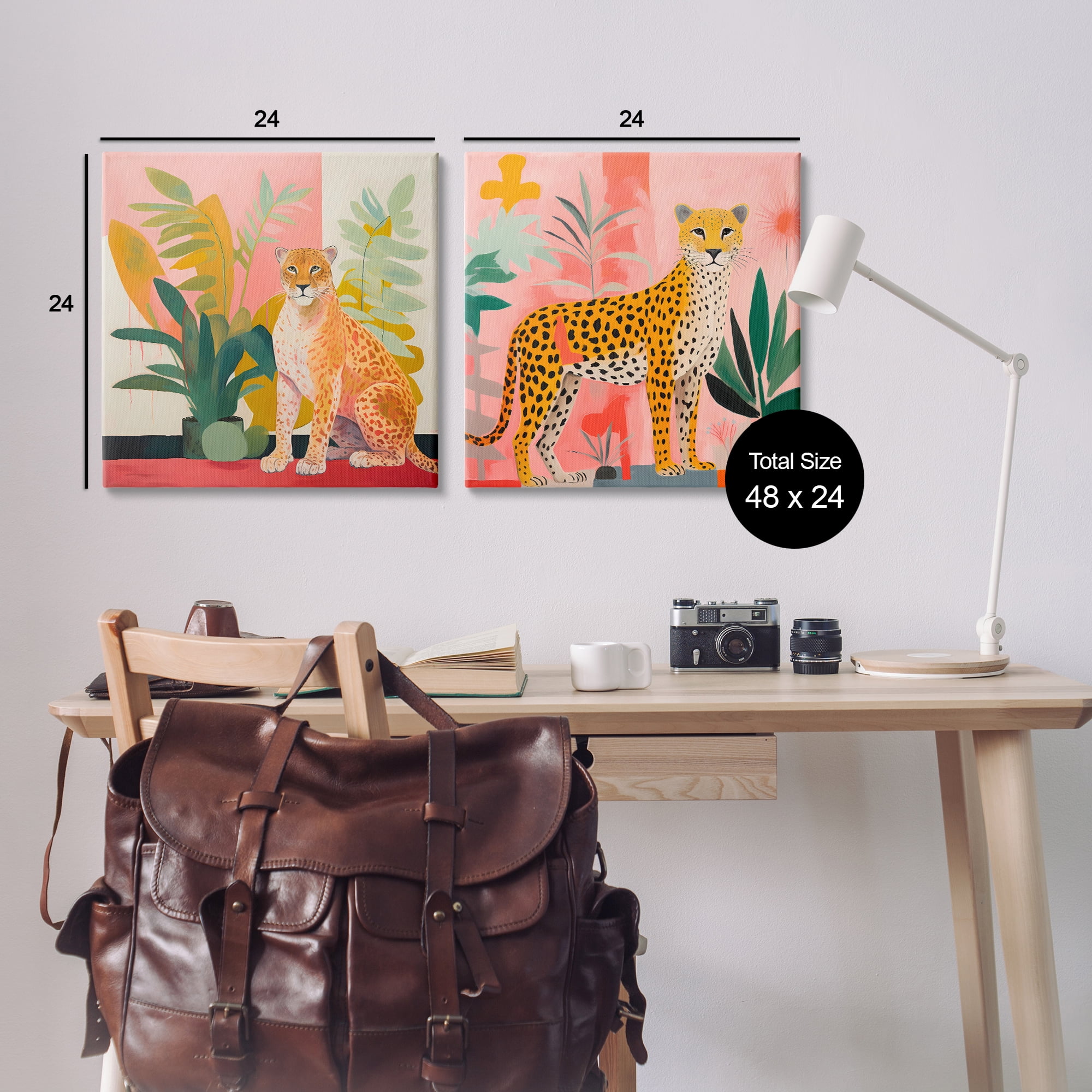 Stupell Industries Jaguar Leopard Potted Palms Animals Painting Wrapped Canvas Art Print Wall Art, 24 x 24, Set of 2