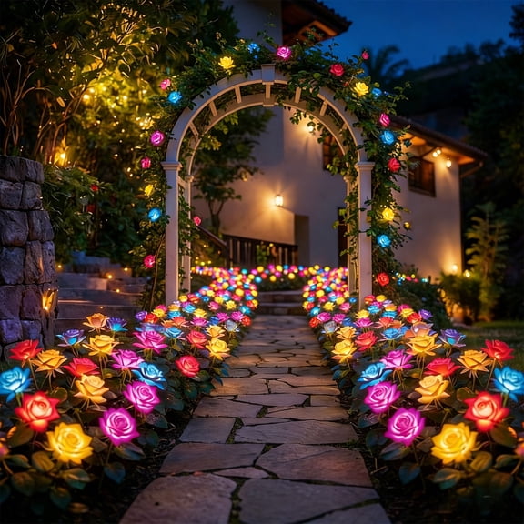Solar LED Rose Lights Outdoor – Realistic Flower Stake Lights with IP65 Waterproof, Auto On at Dusk, 8–10H Warm Glow for Garden, Patio, Yard & Cemetery (Multi-Color)