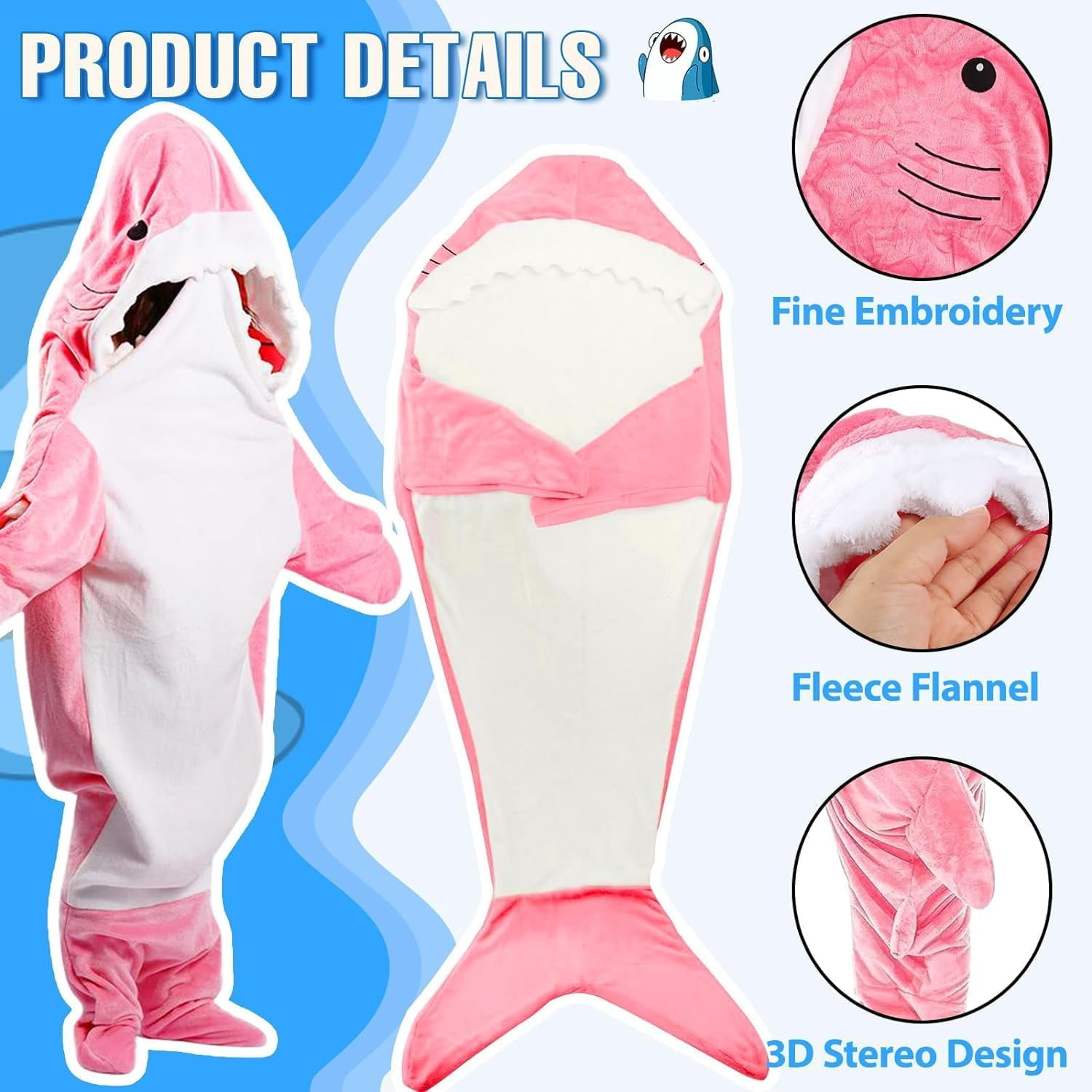Shark Blanket Hoodie Onesie, Pink Wearable Sleeping Bag for Adults, Soft Cozy Costume, L