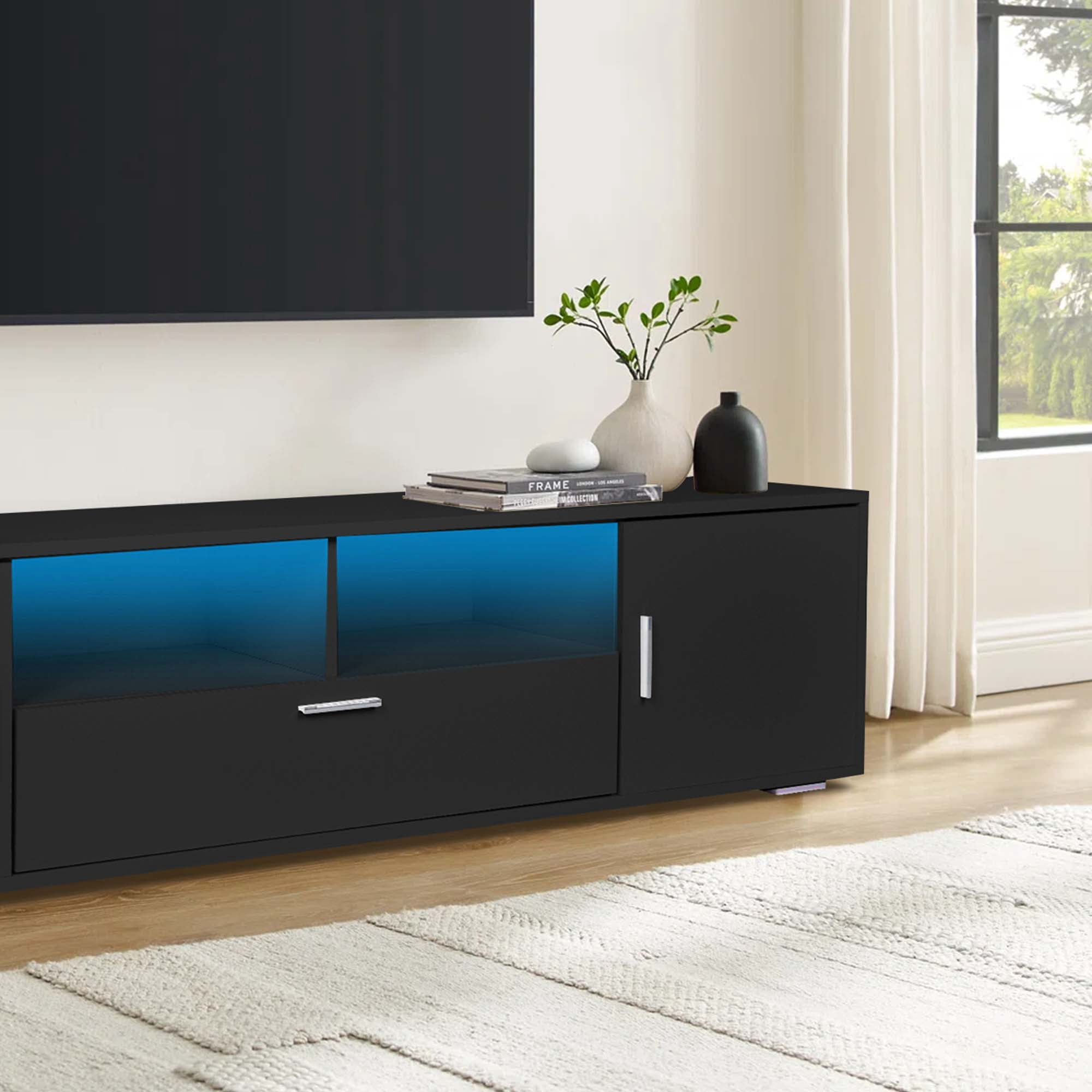 Aukfa Modern TV Stand with LED Light for TVs up to 70" - Entertainment Center TV Cabinet for Living Room - Black