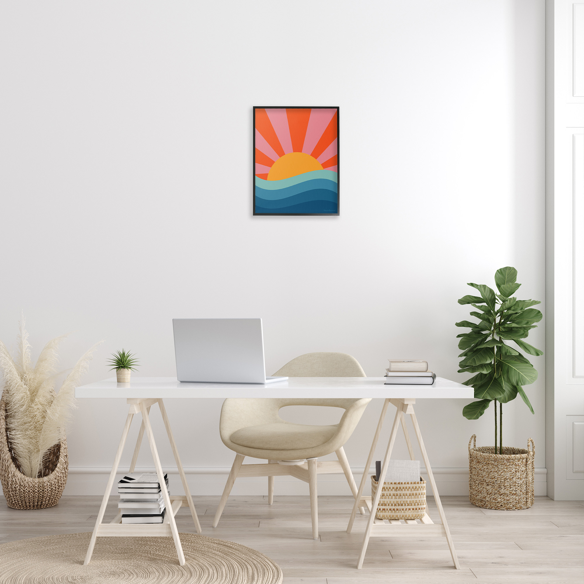 Stupell Industries Sun Rays on Sea Landscape Painting Black Framed Art Print Wall Art, 16 x 20