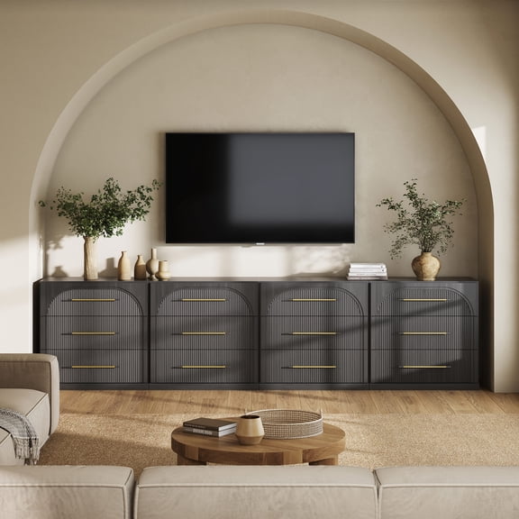 BELLEZE Set of 4 Fluted Modular Sideboard Cabinet, Classic Modern Buffet Cabinet with 3 Drawers, Accent Credenza Storage Cabinet for Dining Room Living Room Entryway (Ebony)