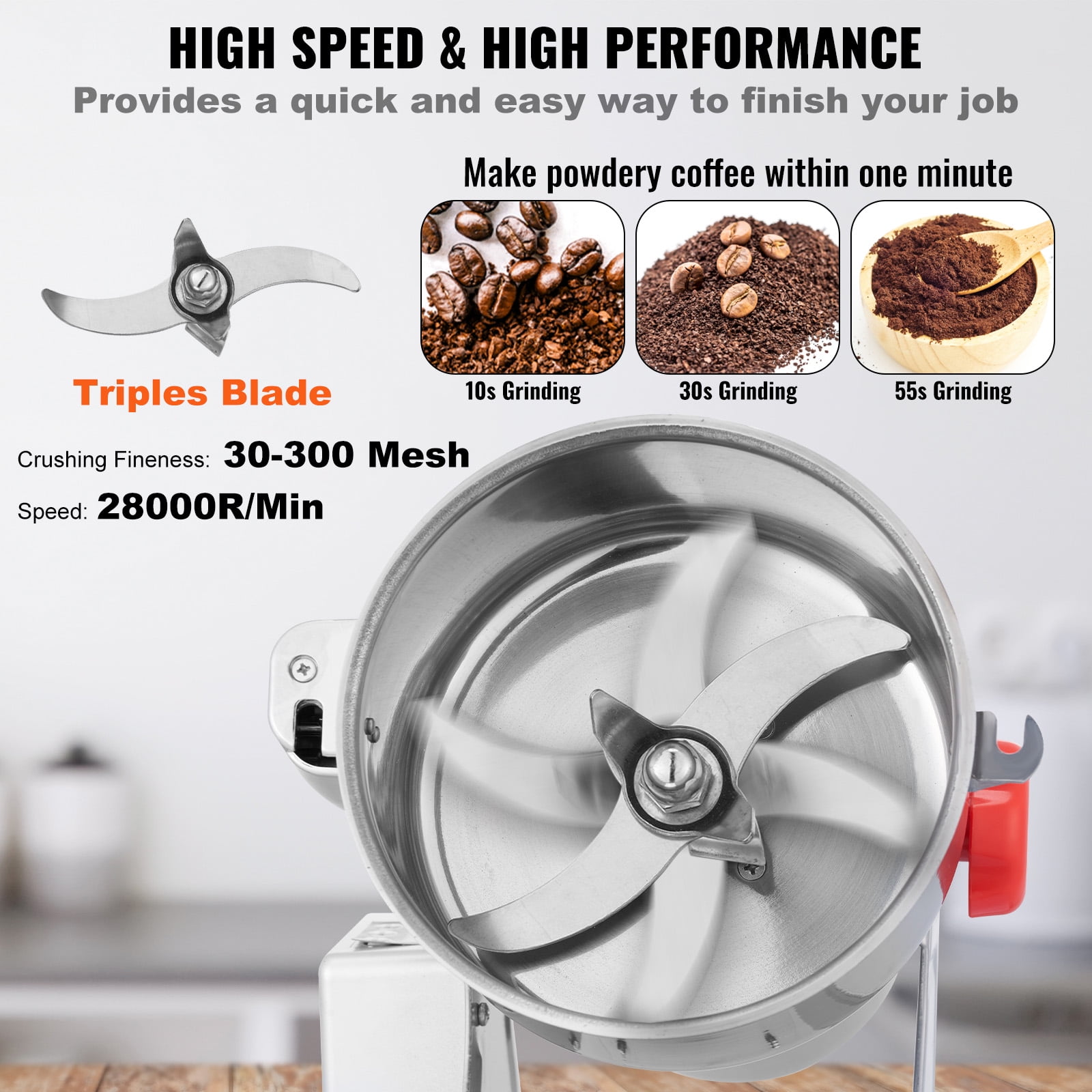 KFFKFF 500g Electric Grinder, 2000W Speedy Grain Mill, Stainless Steel for Dry Ingredients, Spices, Coffee, Corn, Swing Design
