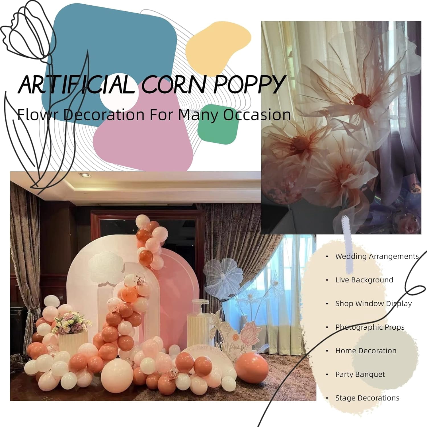 Louis Garden 1.7m Silk Poppy Artificial Flower Party Backdrop Giant Flowers for Decoration, Orange