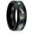 thumbnail image 3 of Mens Camo Wedding Band in Titanium 8MM Ring Black Plated with Green Military Camouflage Inlay - Beveled Edges, 3 of 4