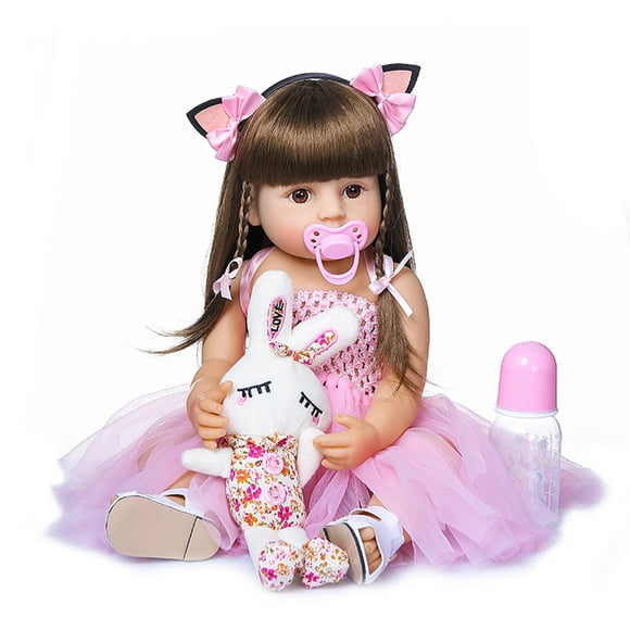 Decdeal 22 inch Baby Doll Silicone Full Body Lifelike Cute Bath Dolls Baby Gift Doll with Cat Ear Hairband & Pink Dress