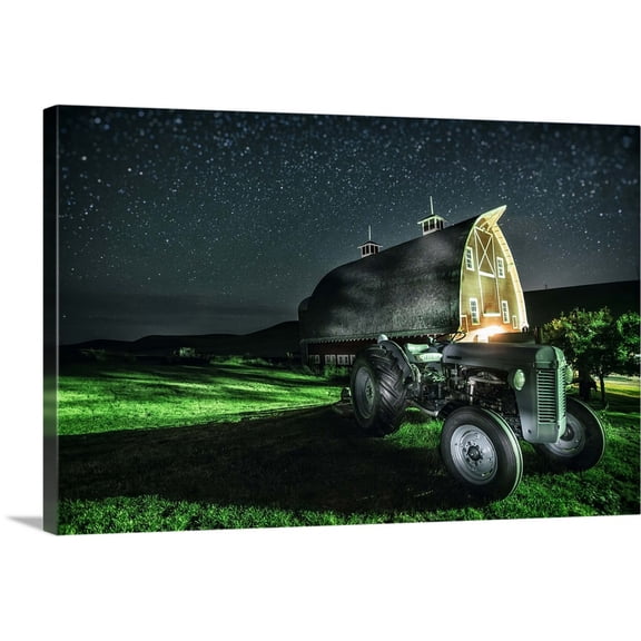 Great BIG Canvas | "Old tractor and red barn after dark in the Palouse, Washington" Canvas Wall Art - 30x20
