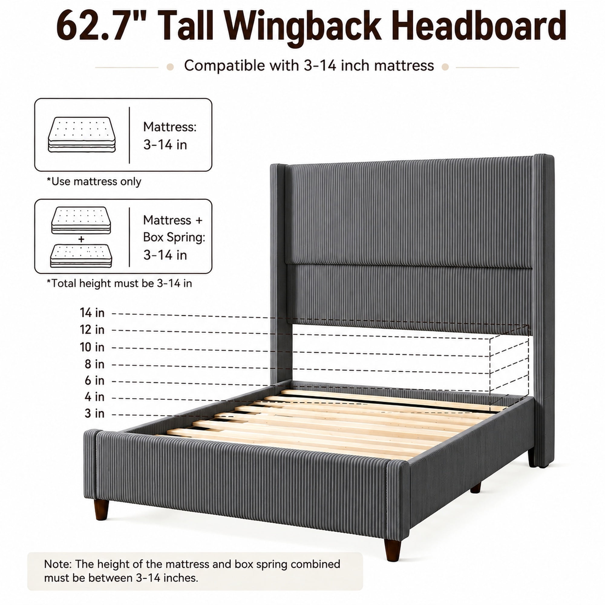 Leumius Full Size Bed Frame with Padded Headboard, Luxury Thick Base Bed with Extra-high Wingback Vertical Stripes, Sturdy Solid Wood Slats and Legs,Dark Gray