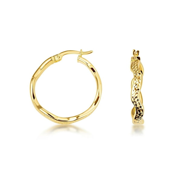 14K Yellow Gold Wavy Textured Hoop Earrings (S/L) (Large)