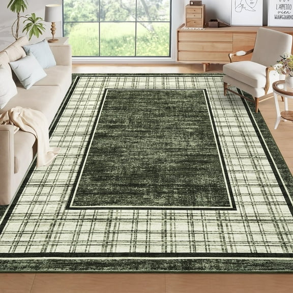 Geetinfly 9inx12in Modern Geometric Area Rug Plaid Bordered Rugs Washable Rugs Non Slip Stain Resistant Indoor Carpet Foldable Floor Mats for Living Room Bedroom Dining Room Green