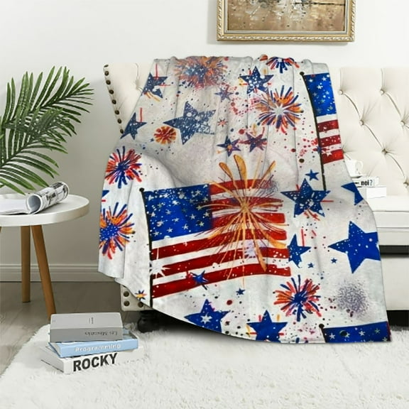 Creowell July 4th Party Throw Blanket Blue Blanket Flannel Bed Blanket American USA Flag Day Theme Blue Red Stars Lightweight Throw Blanket for Couch Sofa-Independence Day Collection White