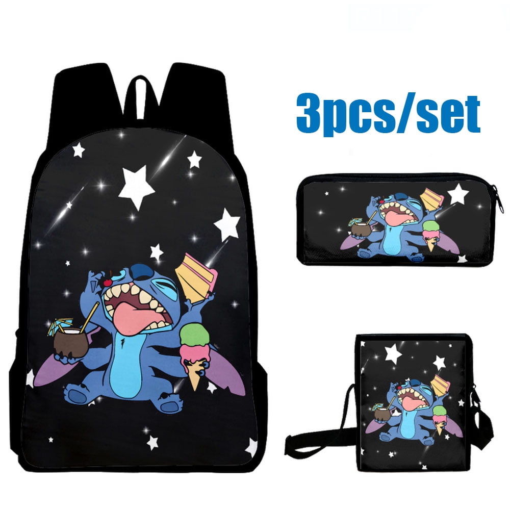 Stitch Cartoon Black Backpack with Pencil Pouch and Shoulder Bag 3