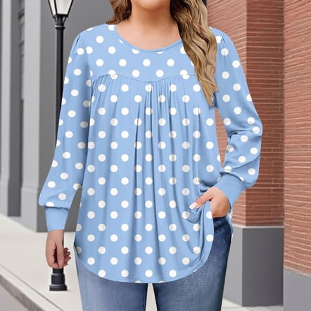 Blmnix Women s Tops Tees & Blouses Polka Dot Outfits Clothes Oversized Light Blue Y2k Tops Long Sleeve Crew Neck Blouses