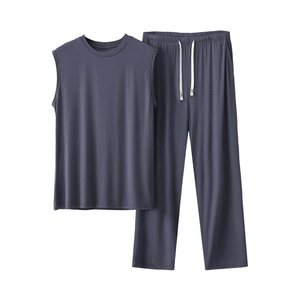 mihongmao Summer Travel Outfits for Men Beach Outfits Men's Fashion Sleeveless Round-Neck Casual Regular Solid Comfy Set Gray 4X