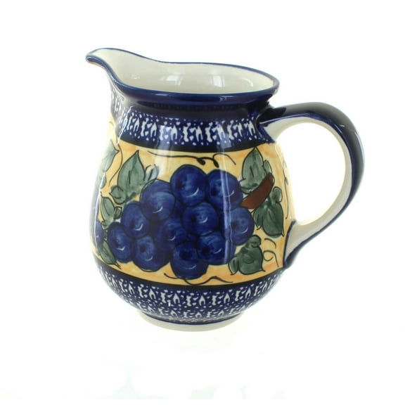 Blue Rose Polish Pottery Grapes Small Pitcher with Cobalt Trim