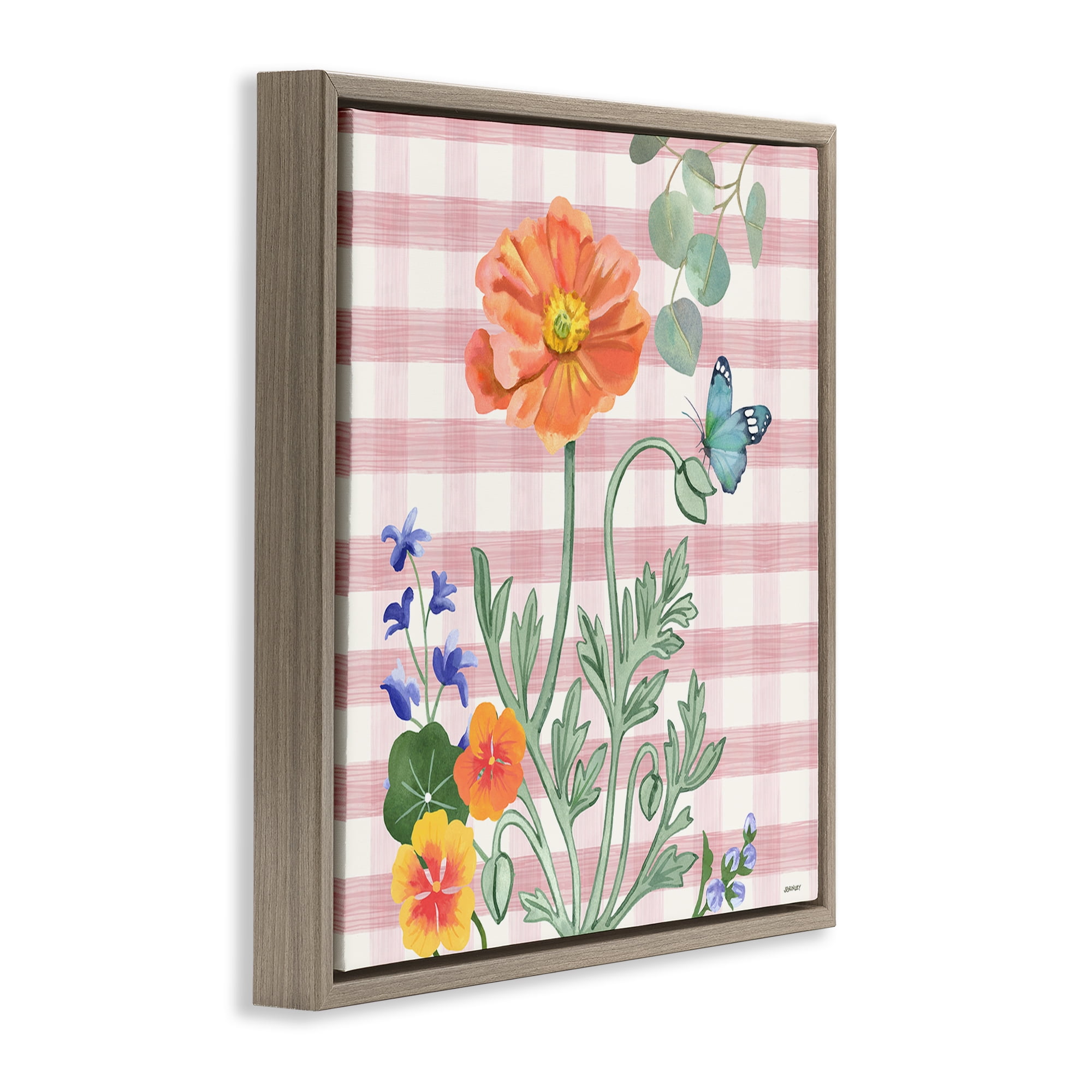 Stupell Industries Gingham Garden Poppy Botanical & Floral Painting Brown Floater Framed Canvas Art Print Wall Art, 18 x 18