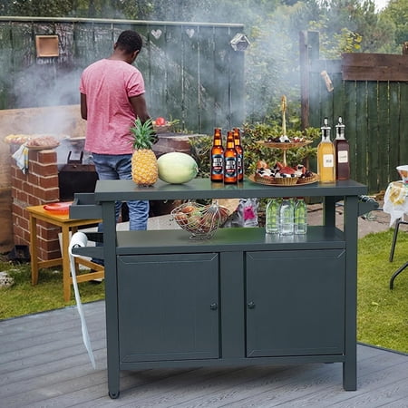 Domi Grill Carts Outdoor with Storage and Wheels  Whole Metal Portable Table and Storage Cabinet for BBQ Deck Patio Backyard(Dark Grey L45x W20.31x H35.51 Inch)