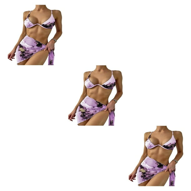 Eigraketly Traje de baño de verano para mujer, traje de baño de tres piezas dividido con cable acolchado, traje de baño a la moda para fiesta, traje de Púrpura M 3piezas Eigraketly CBP221210
