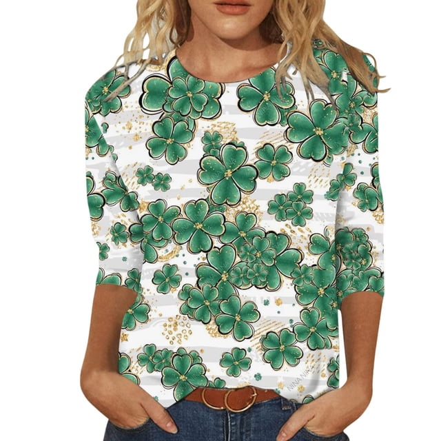 Birdeem T-Shirt Imprimé de la Saint-Patrick pour Femmes, Blouse à Manches 3/4, Col Rond, Hauts Décontractés