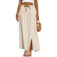 thumbnail image 2 of Cotton Linen Maxi Skirt, High Waisted Flowy Long Skirt with Side Slit, Casual Elastic Waist Drawstring Midi Skirt, Solid Color, 2 of 5
