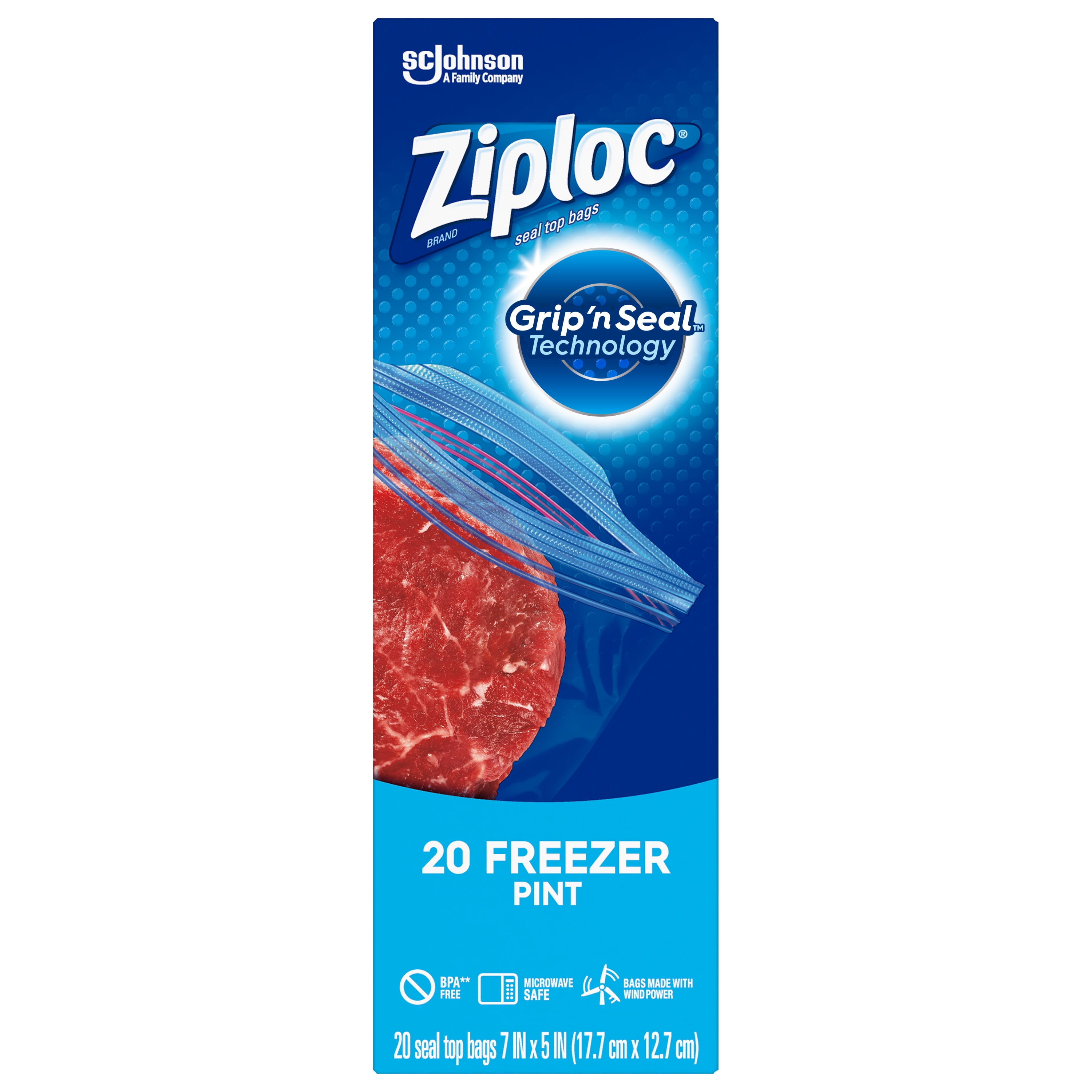Ziploc Freezer Pint Bag, Grip 'n Seal Technology, Reusable, 20
