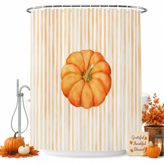 Orange Pumpkins Fall Shower Curtain Set - Long 72" x 84" Washable Bathtub Curtain with 12 Hooks, Thanksgiving Autumn Striped Waterproof Fabric Stall Shower Curtains for Bathroom/Bathtub Décor