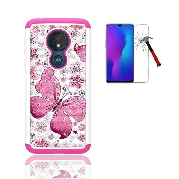 Phone Case for Straight Talk Moto g7 Optimo/ Motorola Moto G7 Play, Studded Rhinestone Crystal Bling Dual Layer Shockproof Cover Case (White Pink Butterfly   Tempered Glass)