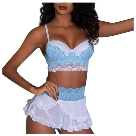 

EHTMSAK Lace Eyelash Lingerie for Women Sexy Bra and Panty Sets Babydoll Teddy Lingerie Set Blue M