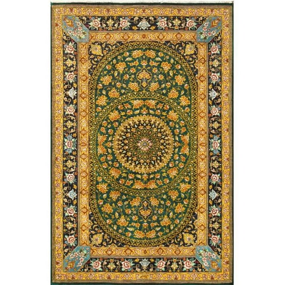 Pasargad Home Qum 30" x 48" Hand-Knotted Pure Silk Area Rug in Green