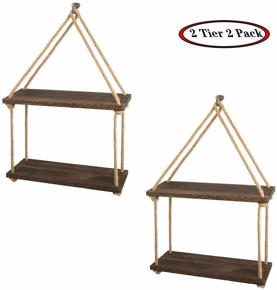 2 Tier WallMounted Rustic Wood Shelves Hanging Shelves Floating Shelf 2 Sets