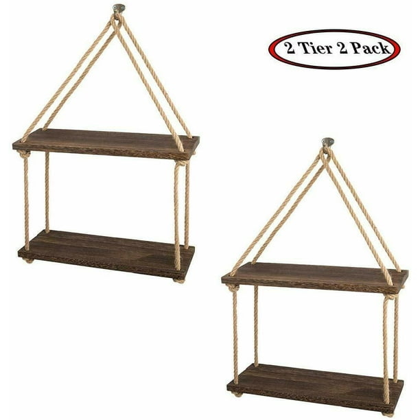 2 Tier WallMounted Rustic Wood Shelves Hanging Shelves Floating Shelf 2 Sets