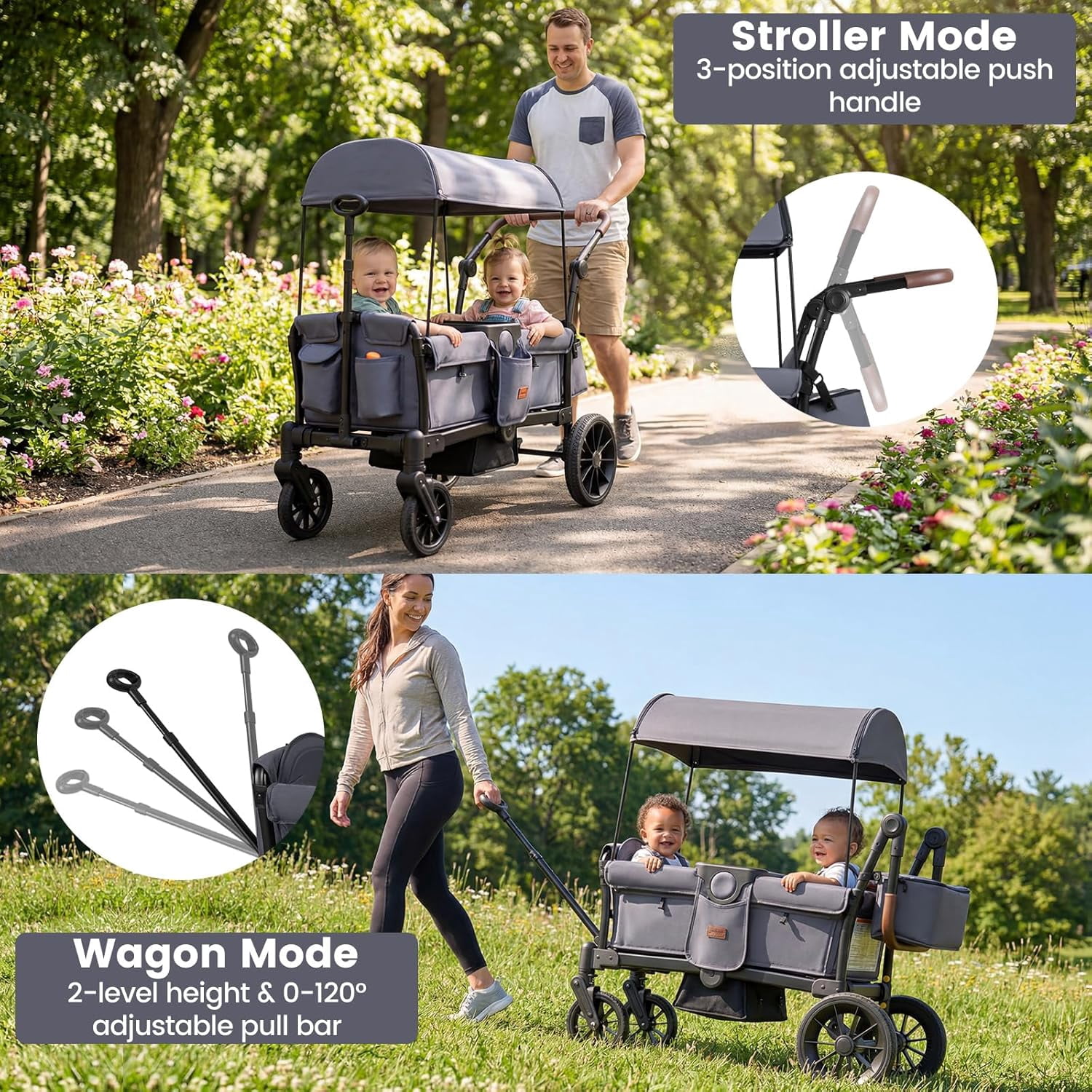 INFANS Wagon Stroller for 2 Kids, Foldable Wagon Cart with Adjustable Handle Pull Bar, Removable Canopy, Footwell, Snack Tray, Harnesses for Infants Toddlers 6-36 Months